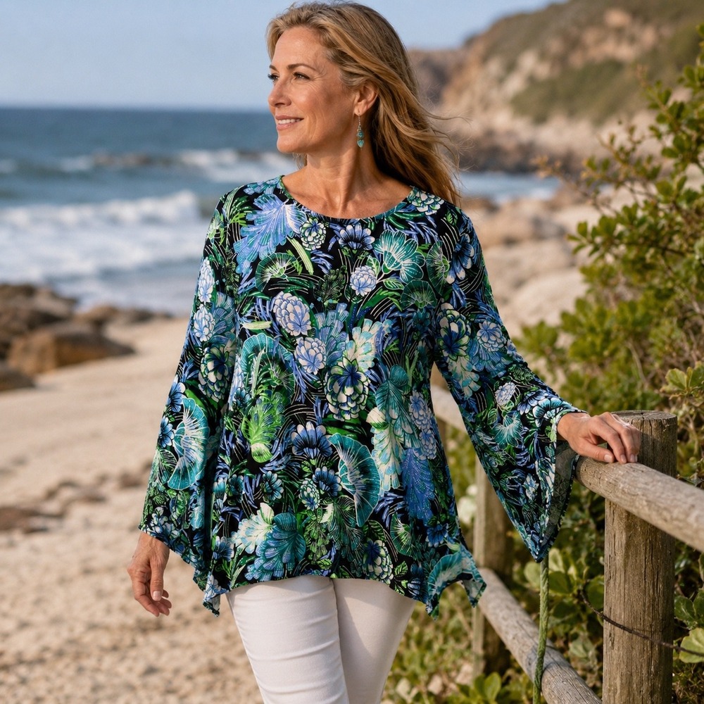 Tropical Floral Bell Sleeve Tunic Top Blue Green Stretch Coastal Size M
